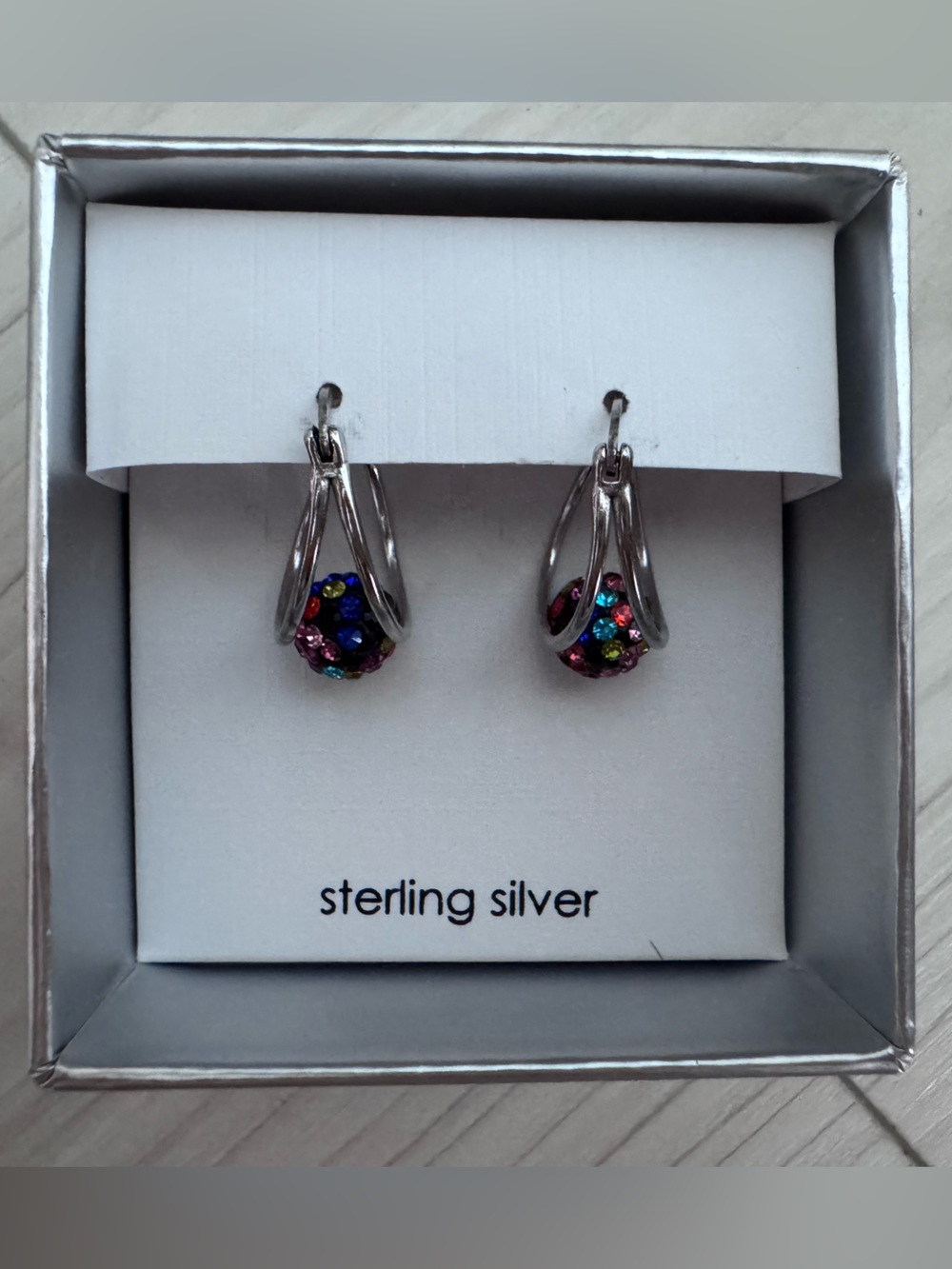 NIB Mia Sarine Sterling Silver Rainbow Crystal Ball Split Hoop Drop Earrings